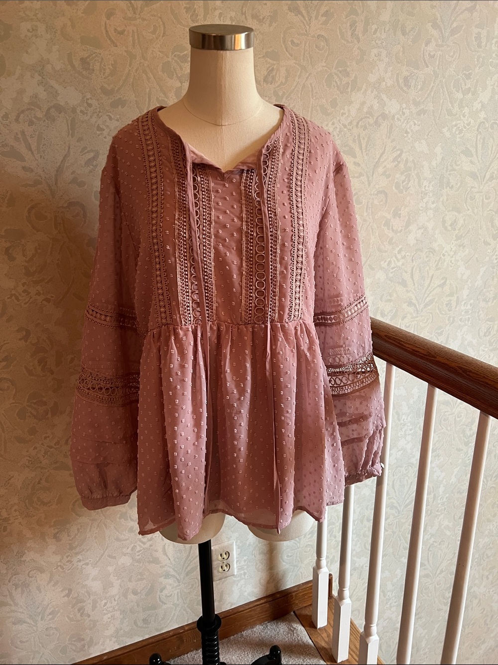 Indigo Soul Women's Dusty Rose Peasant Blouse - Lace & Swiss Dot Detail